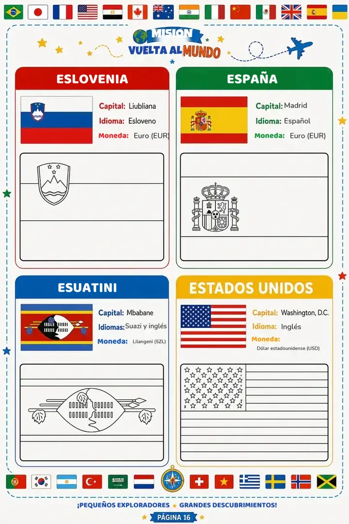 Páginas interiores del Libro Misión Vuelta al Mundo con países, banderas, capitales, idiomas y monedas