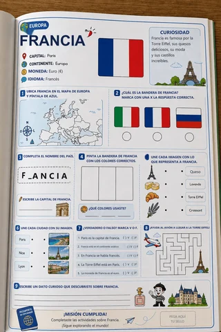 Actividad sobre Francia con bandera, mapa de Europa y misiones
