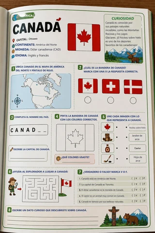Actividad sobre Canadá con bandera, mapa y datos curiosos